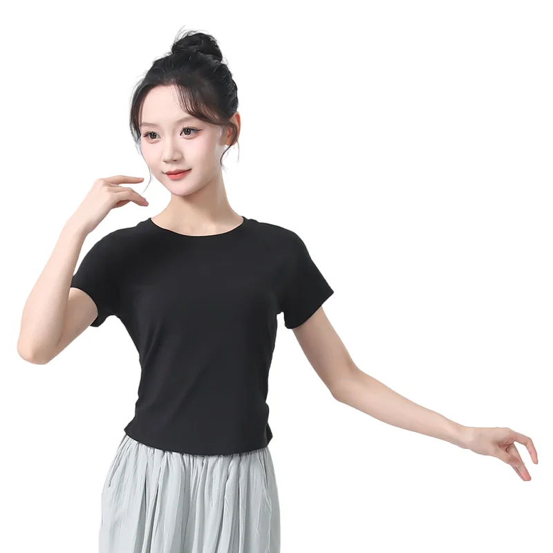 Short Sleeve Women Modern Dance Tee Shirt Team Basic Body Rhyme Yoga Top Back Cut Sexy Dancer Practice Clothes Classical 2024