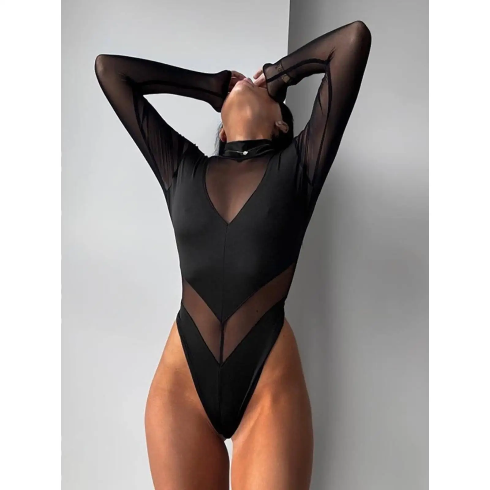 

Сексуальный комбинированный костюм с круглым вырезом, высокой талией, длинными рукавами и вставками в стиле пэчворк для женщин, уличный стиль