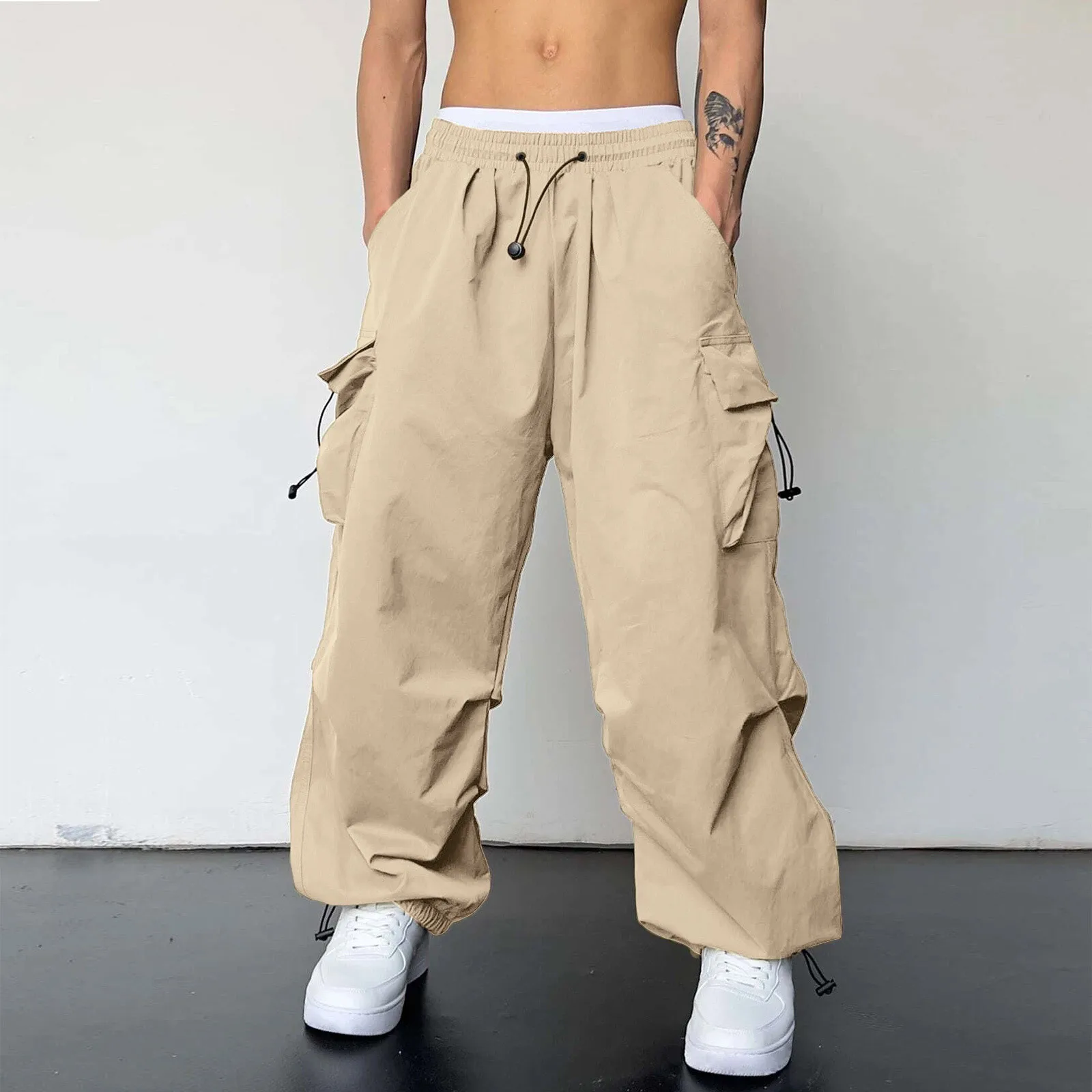 

Harajuku Oversized Cargo Pants Men Vintage Wide Leg Straight Trousers Casual Sports Foot Rope Solid Y2k Hip Hop Streetwear