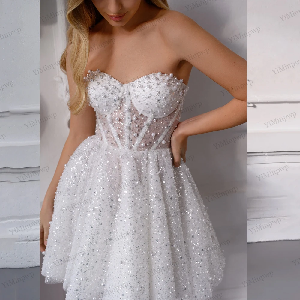 Mini paillettes perle abito da sposa una linea che borda backless spiaggia cinturino sexy abiti da sposa corti abiti da sposa personalizzati