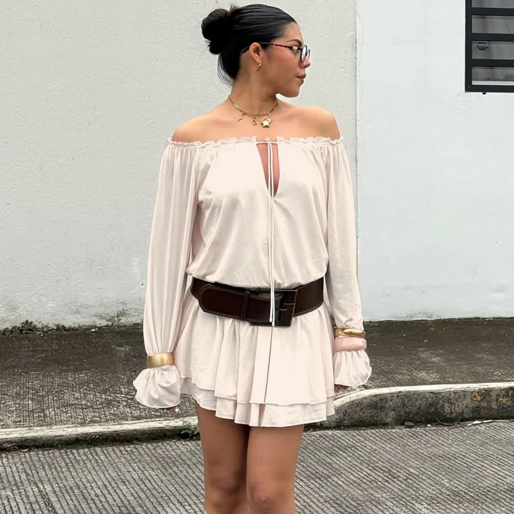 

Talenza One Shoulder Ruffle Mini Dress Fashion Sexy Tie Pleated Long Sleeve Dress Casual Backless Summer High Waist Women Dress