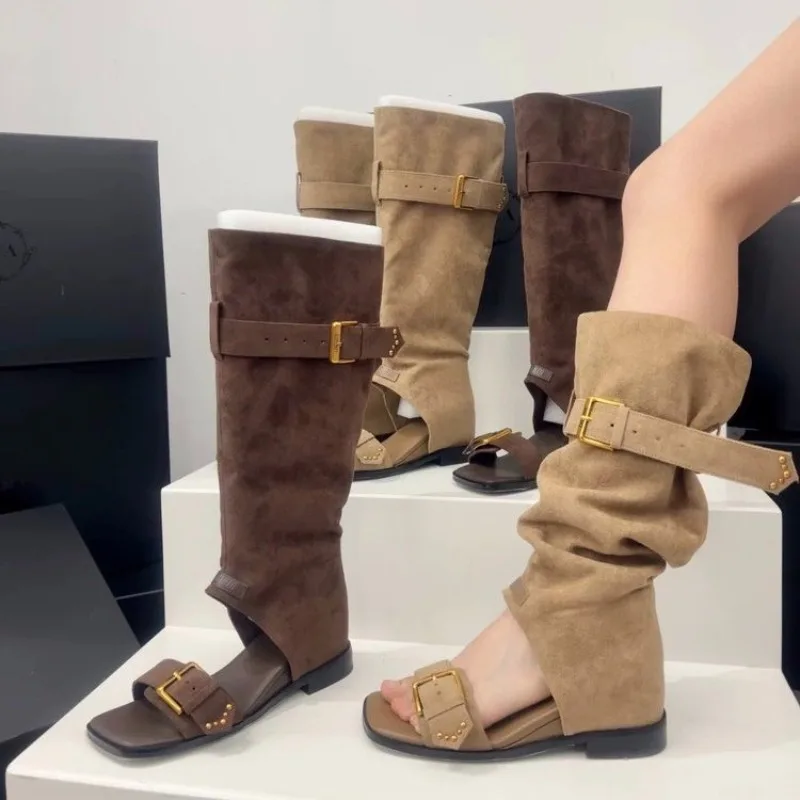 Botas Frescas Transpirables con Punta Cuadrada y Botones, Sandalias Peep Toe para Mujer, Novedad de Verano 2026, Chanclas, Zapatos Gladiador Vintage