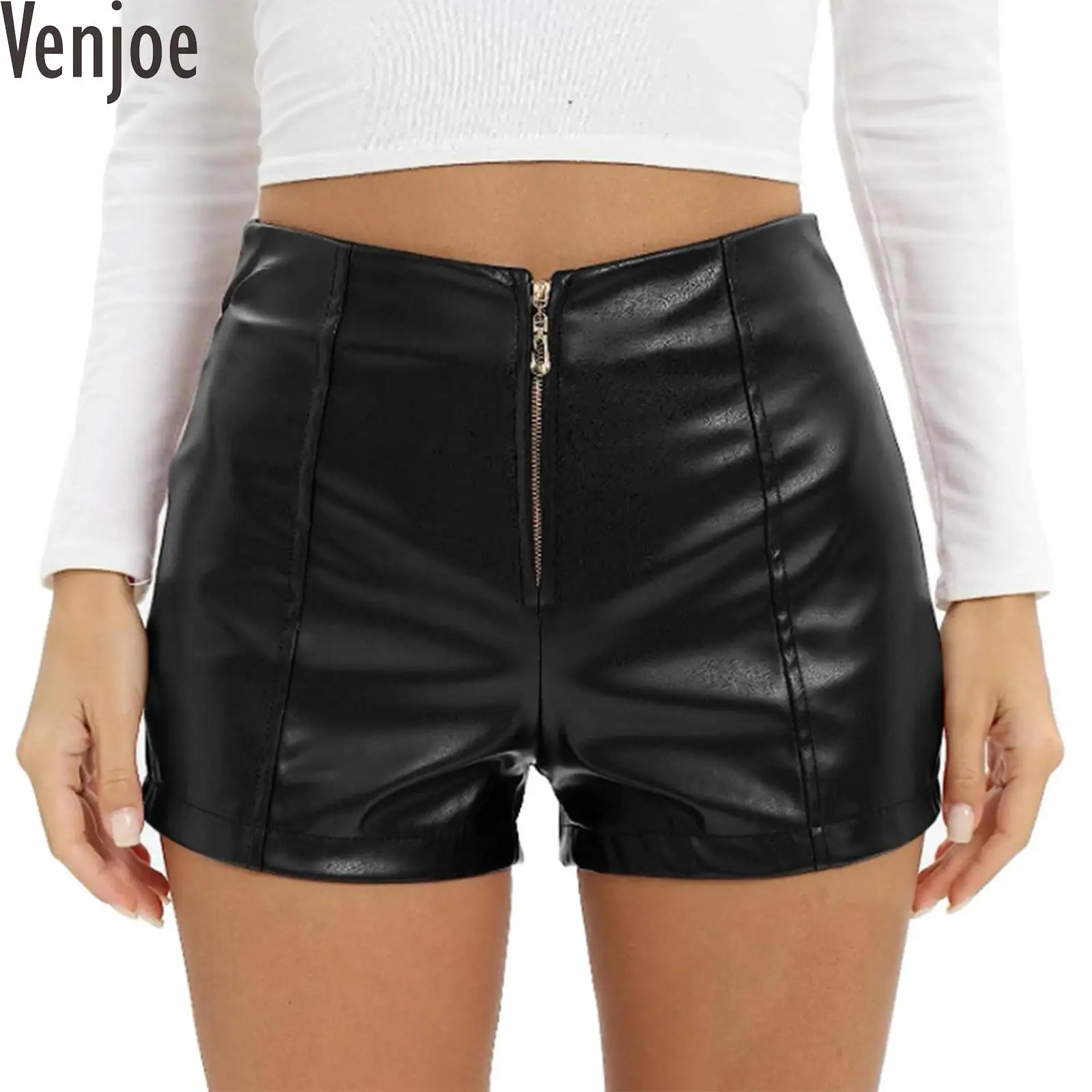 

Женские мокрые шорты из искусственной кожи на молнии, популярные брюки, повседневные боксеры с высокой талией, шорты для ночного клуба, яркий костюм для музыкального фестиваля