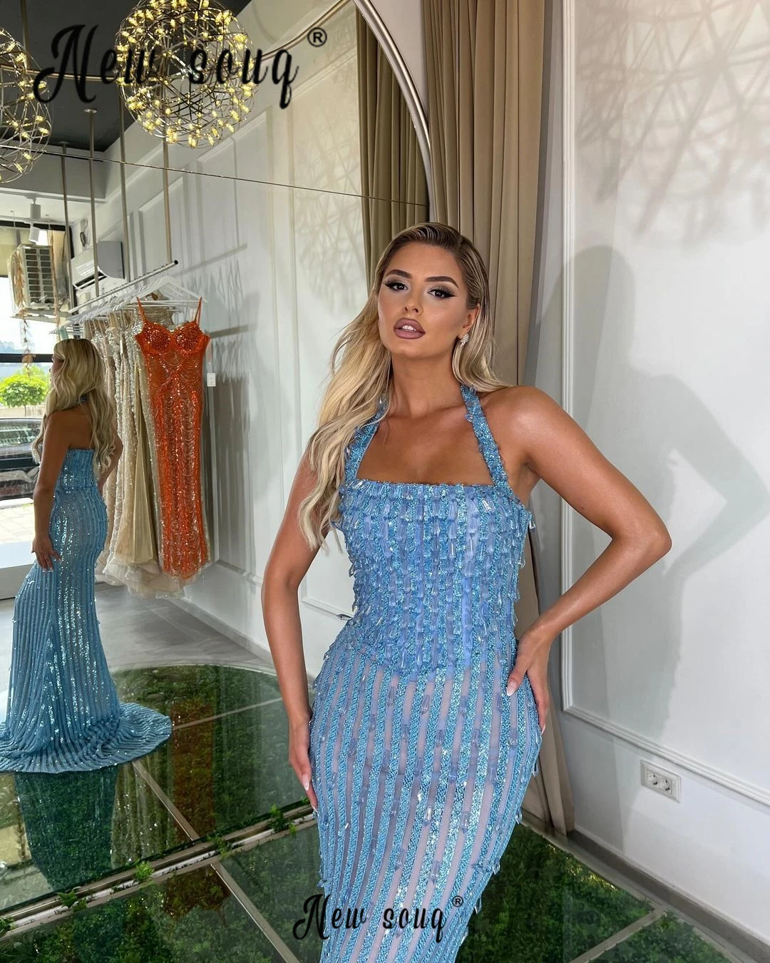 Impresionante vestido de fiesta de tiras azules ligeras, Vestido largo de sirena, piedras de cóctel de Dubái, Vestidos de Noche de graduación de boda, ropa de cumpleaños