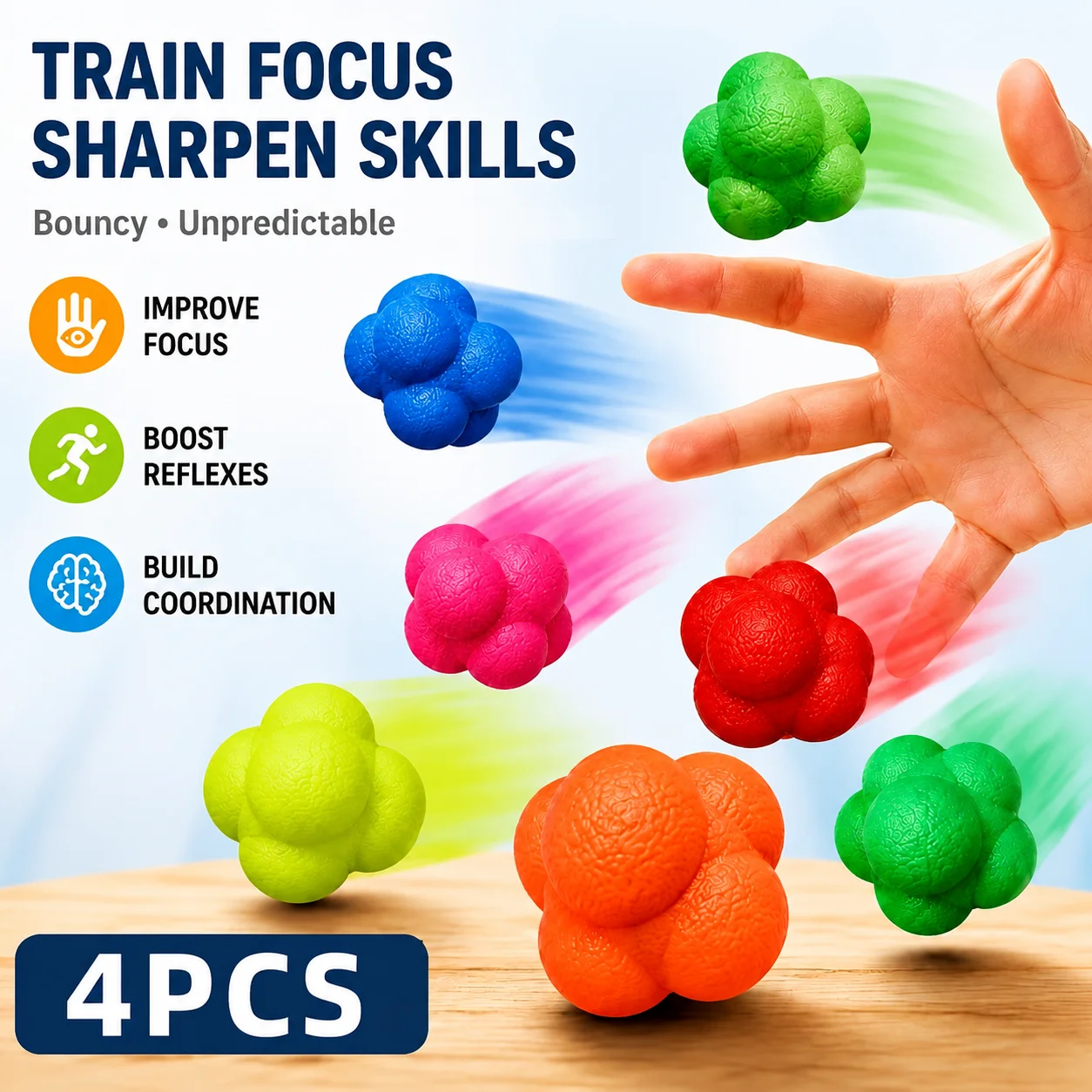 4PCS Reaction Balls, Hexagonal Bounce Balls for Agility Training, Hand Eye Coordination, Baseball Sports Practice, Yard Games