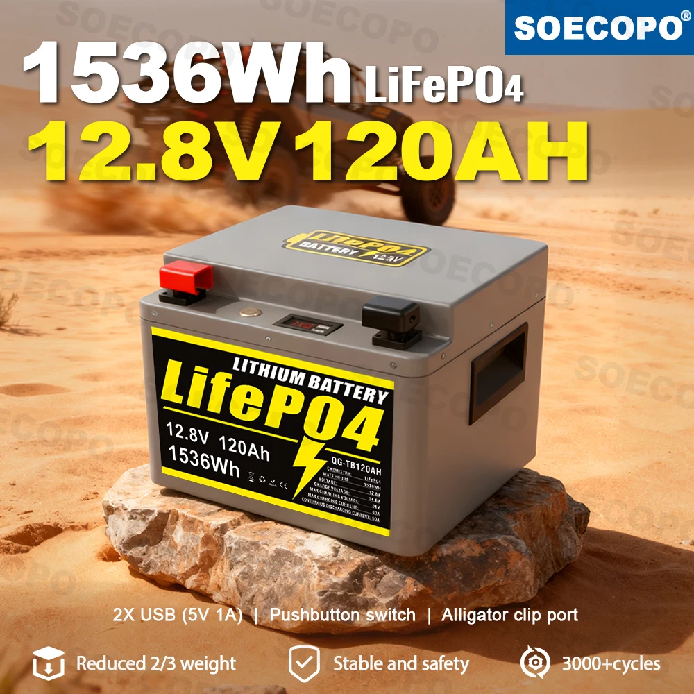 

SOECOPO 12 В 120 Ач портативный LiFePO4 аккумулятор 1536 Втч ЖК-экран USB выход для дома, кемпинга, рыбалки, троллингового двигателя Power Bank