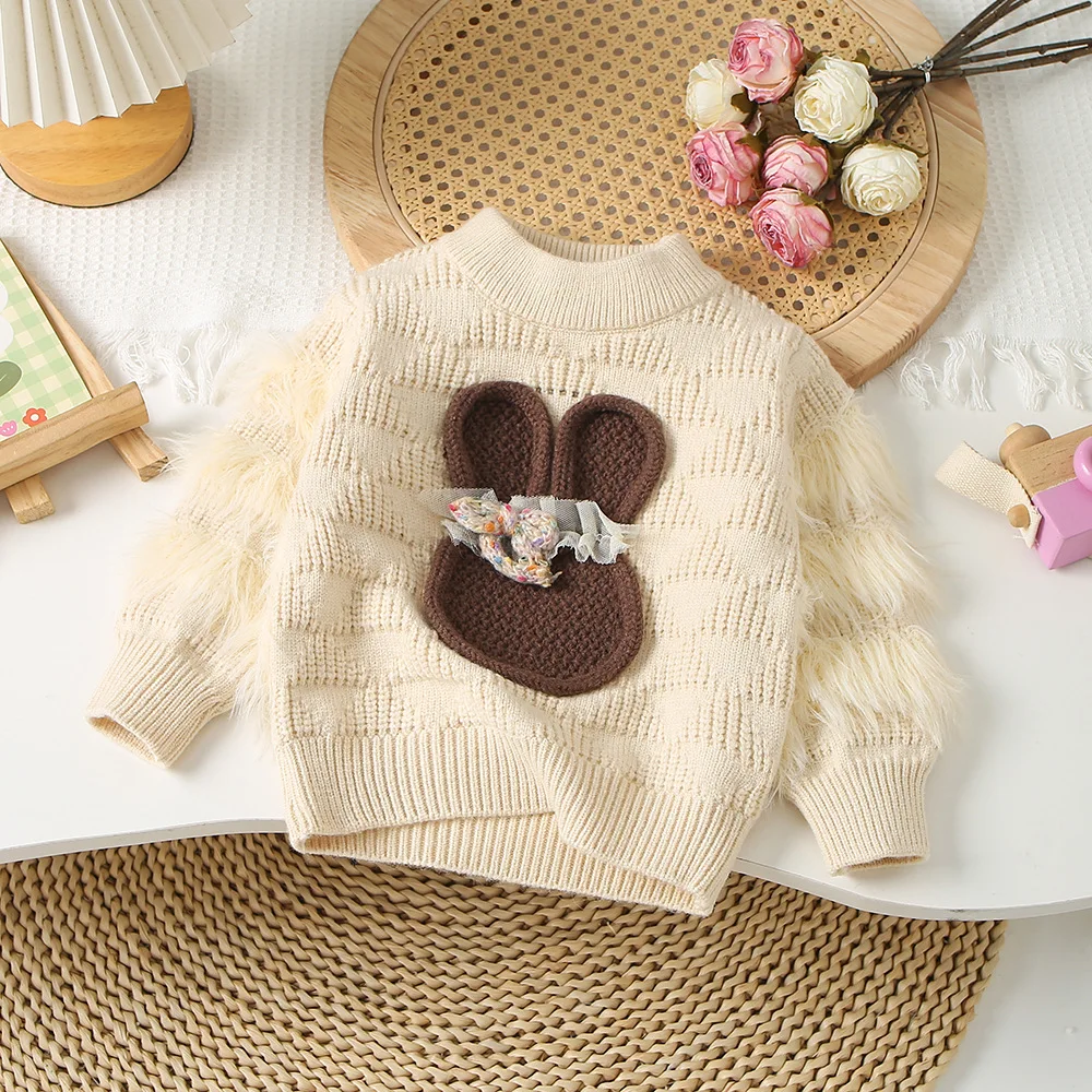 Children\'s Sweaters Cartoon Rabbit Fluffy Thermal Jumper Children\'s Sweater Western Style Knitted Top Winter Baby Girl Clothes