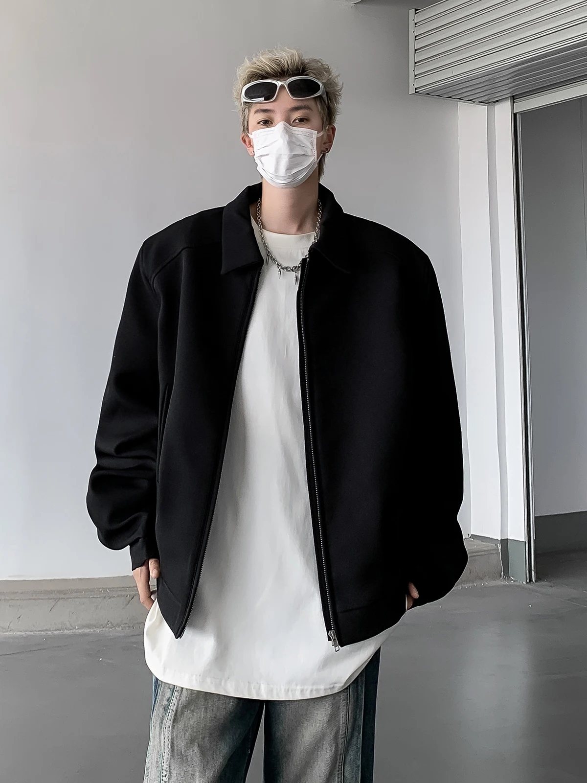 

Cleanfit Men's oulder Padded Jaet Loose Boxy Classic Collar Color Zipper Decorated Autumn Faion Casual Outerwear