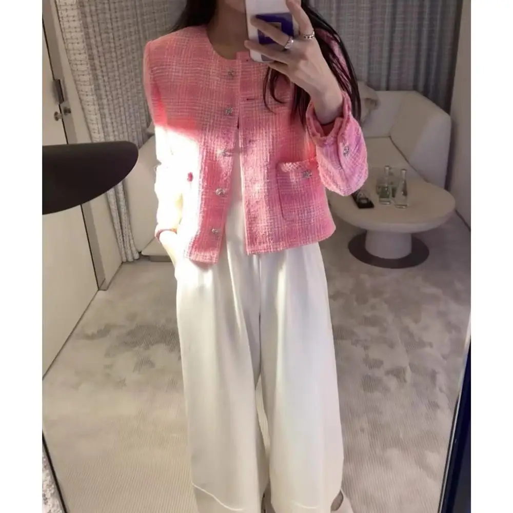 Early Spring Soft Flower Tweed Jacket Women's round Neck Braid Patterned Orange Floral Outerwear Luxury Style Casual Wear view 3