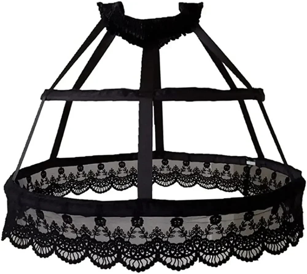 Women Victorian Petticoat 2 Hoops Crinoline Lolita Fishbone Hollow Bird Cage Skirt Embroidery Floral Lace Underskirt