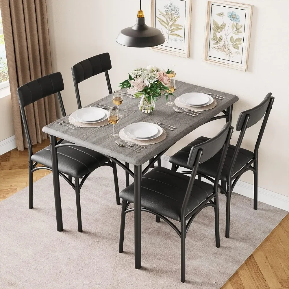 Kitchen Table and Chairs 4-piece Set, Rectangular Kitchen Table Set with 4 Upholstered Chairs, 5-piece Dining Tables Set