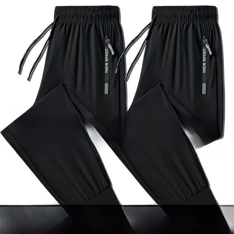 

Men's Ice Silk Loose Fit Sport Pants Elastic Thin Summer Casual Trousers Qui Dry Straight Leg Long Pants High Waist