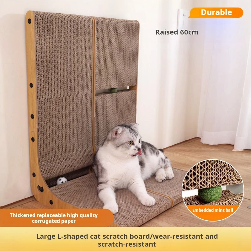 L-shaped cat scratch board vertical wall mounted durable and not easy to fall debris with bell shaped ball cat mint pet toys