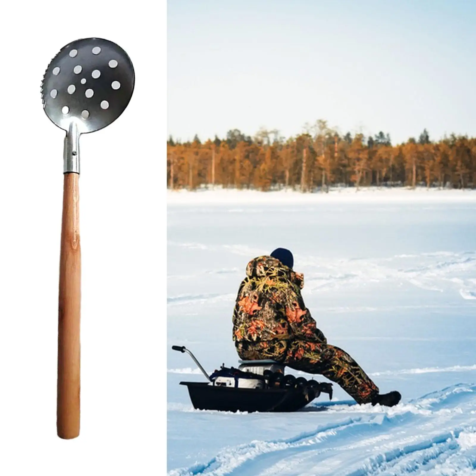 Ice Fishing Skimmer Scoop Wood Handle Durable Lightweight Big Hole Toothed Design Multi Purpose Metal Skimmer for Outdoor Winter