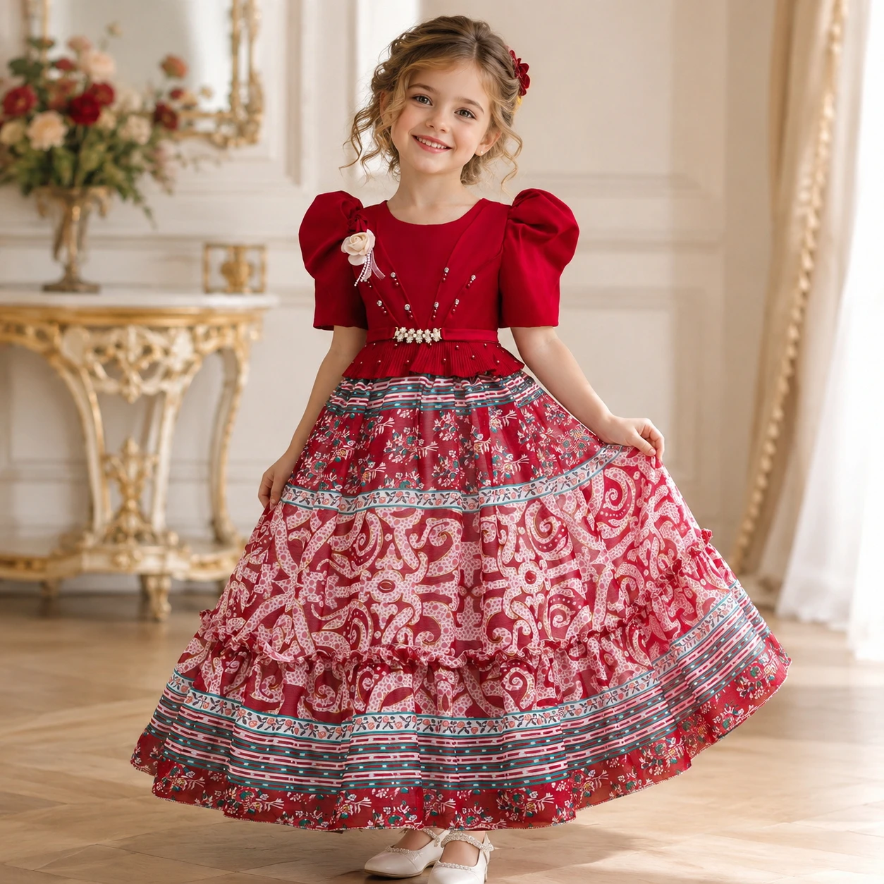 New chiffon patterned children's dress, kids' dress, Christmas girls' performance dress, palace style children's clothing