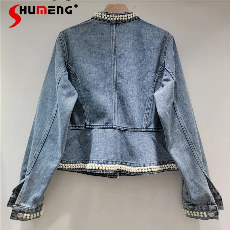 

2025 женские осенние новые джинсовые куртки с бисером, женские свободные удобные джинсовые пальто с длинными рукавами, модные универсальные короткие стильные топы