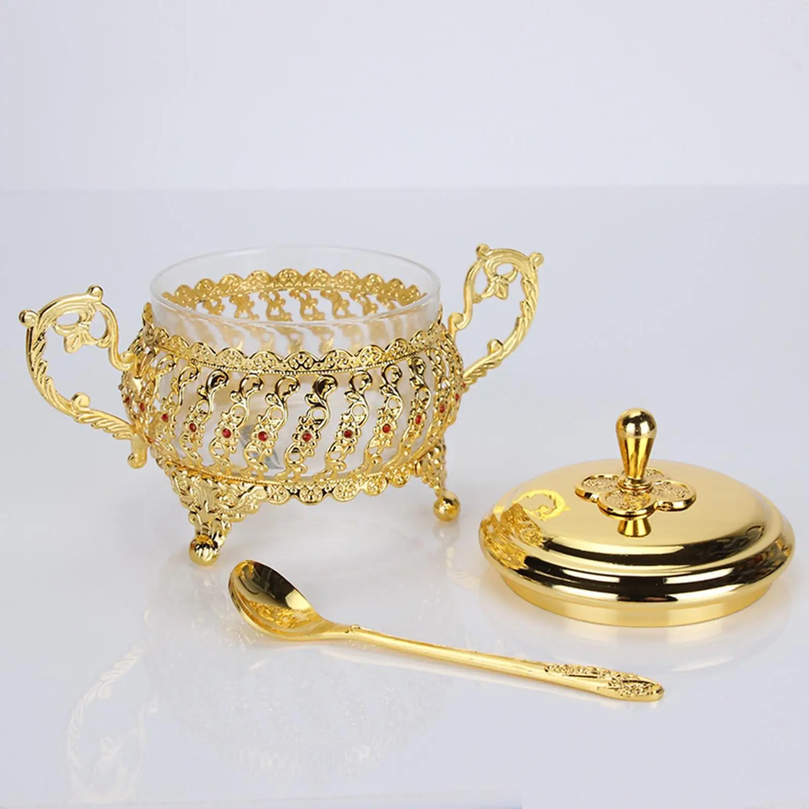 Sugar Bowl, GlassSpice Jar Home Condiment Metal Can Kitchen Seasoning Container with Lid and Spoon for Herbs