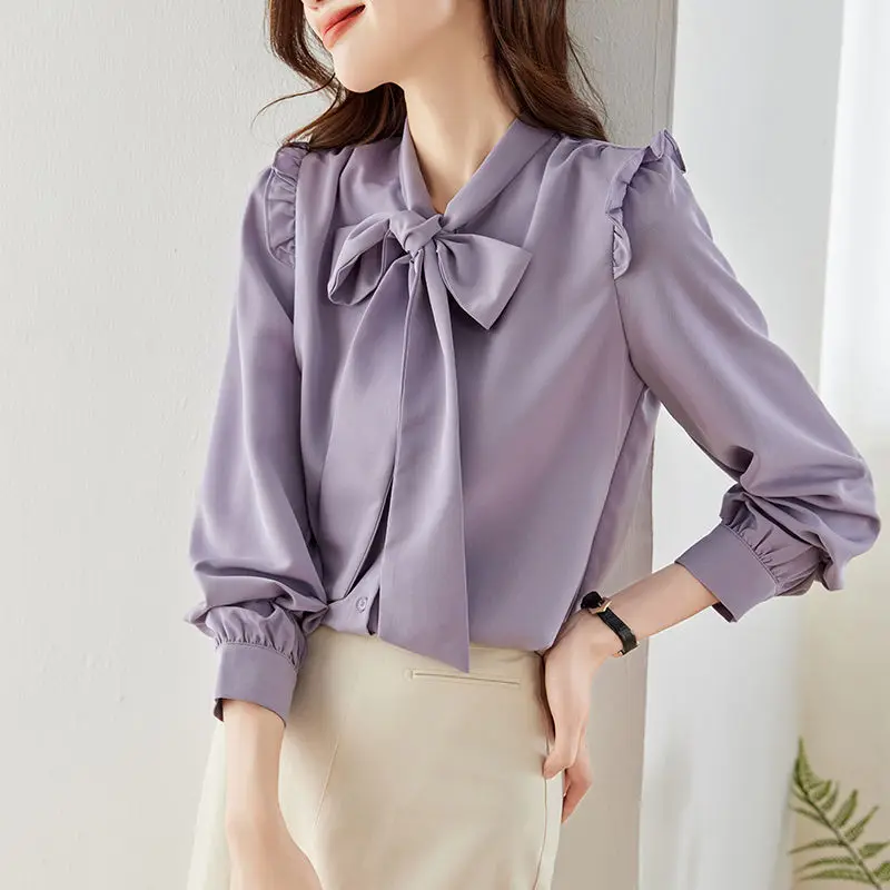 Spring Autumn Women\'s Pullover Scarf Collar Ruffles Shirring Solid Button Lantern Long Sleeve Chiffon Shirt Fashion Casual Tops