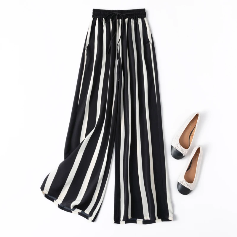 24MM Heavyweight 93% Natural Mulberry Silk Elastic Wrinkle Versatile Classic Black and White Vertical Stripe Wide Leg Pants