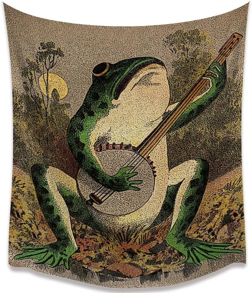 Hannahcos Tapeçaria de Parede Boho Sapo Laranja, Decoração Estética Vintage de Sapo Tocando Banjo para Quarto, Sala de Estar e Corredor