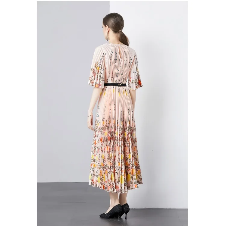 กระโปรงพลีททรงเอไลน์ยาวปานกลาง รุ่นใหม่ ปี 2024 จีบแบบ Dr Accordion เอวสูง ลายดอกไม้ ผ้าโพลีเอสเตอร์