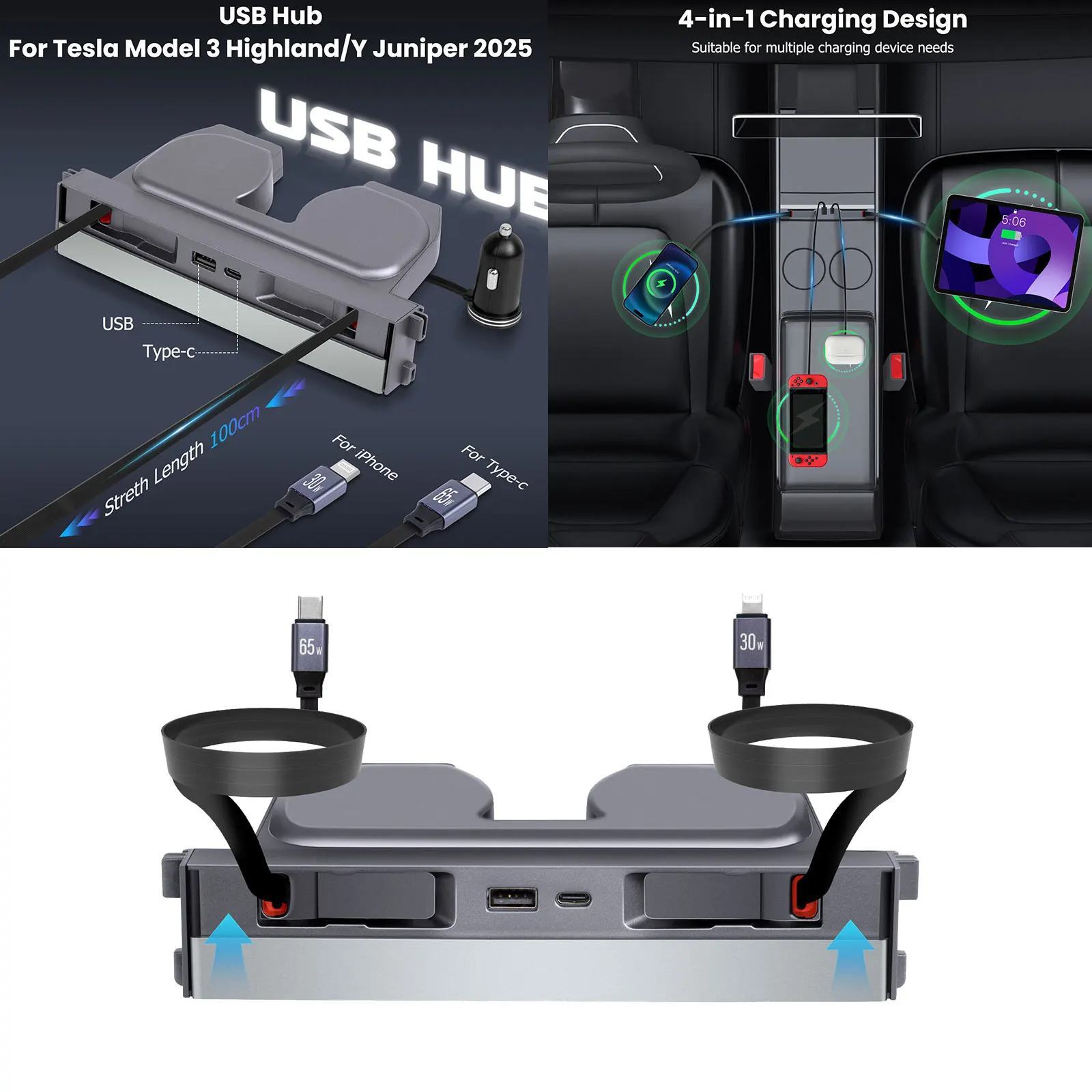 

Center Console USB Hub For Model Y Juniper 2025 For Tesla Model 3 Highland 2024 2025 MultiPort Docking Station Fast Charging