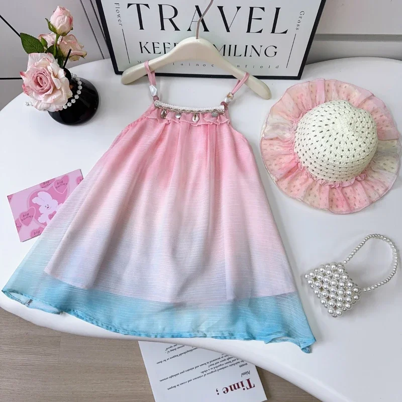 Vestido De tirantes finos para niña, nuevo estilo De verano, Vestido De playa estilo vacaciones Degradado para niña, con sombrero, Ropa De Niña para niña