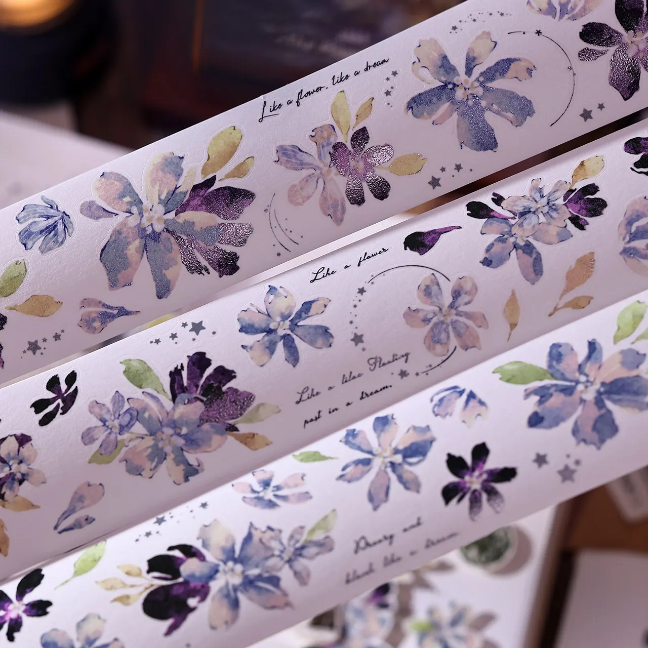 Retro Fantasy Blue White Purple Floral Washi Special Oil PET Die-Cut Journal Tape