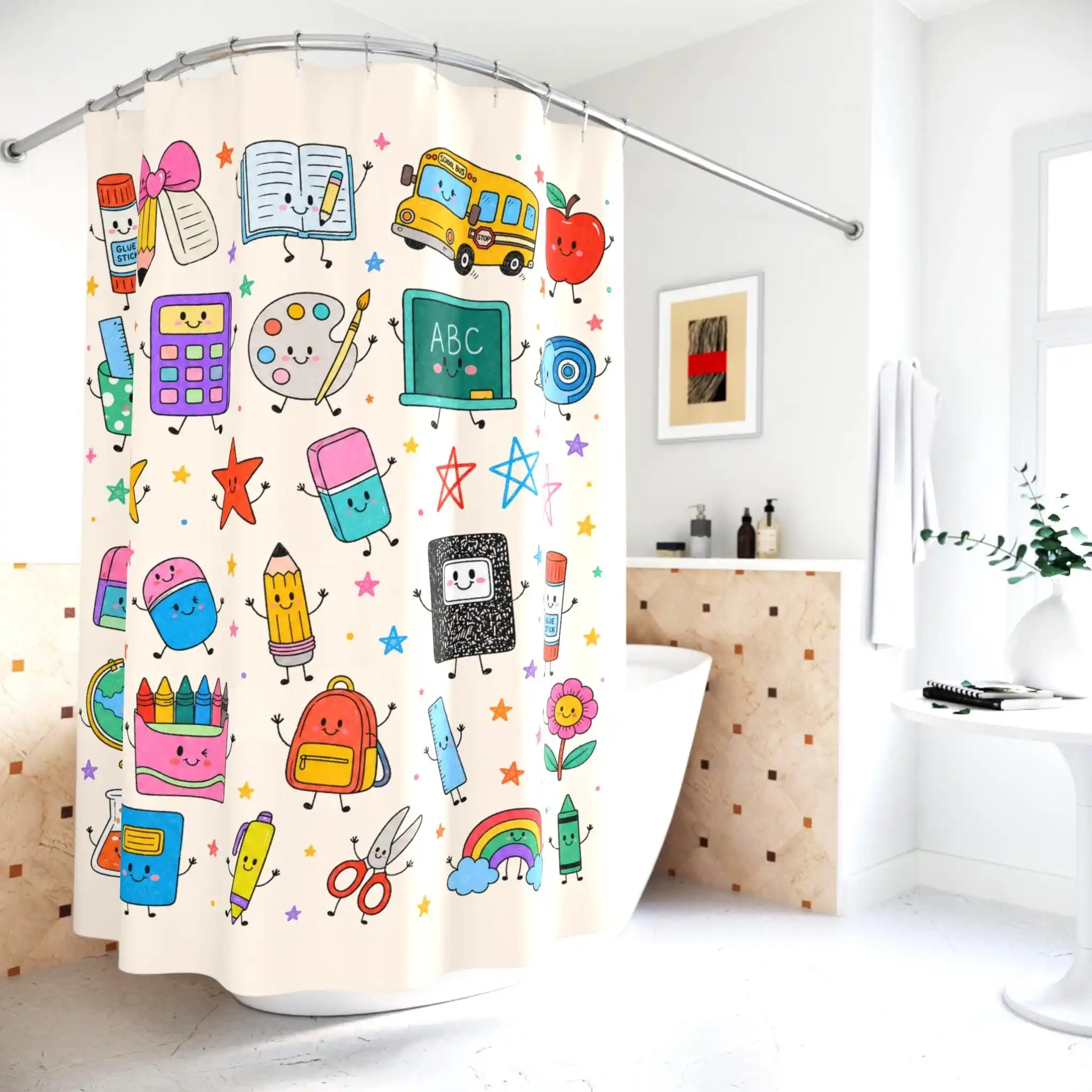Cute Kids Cartoon Shower Curtain Rainbow ABC School Supplies Fun Nursery Bathroom Decor for Toddlers