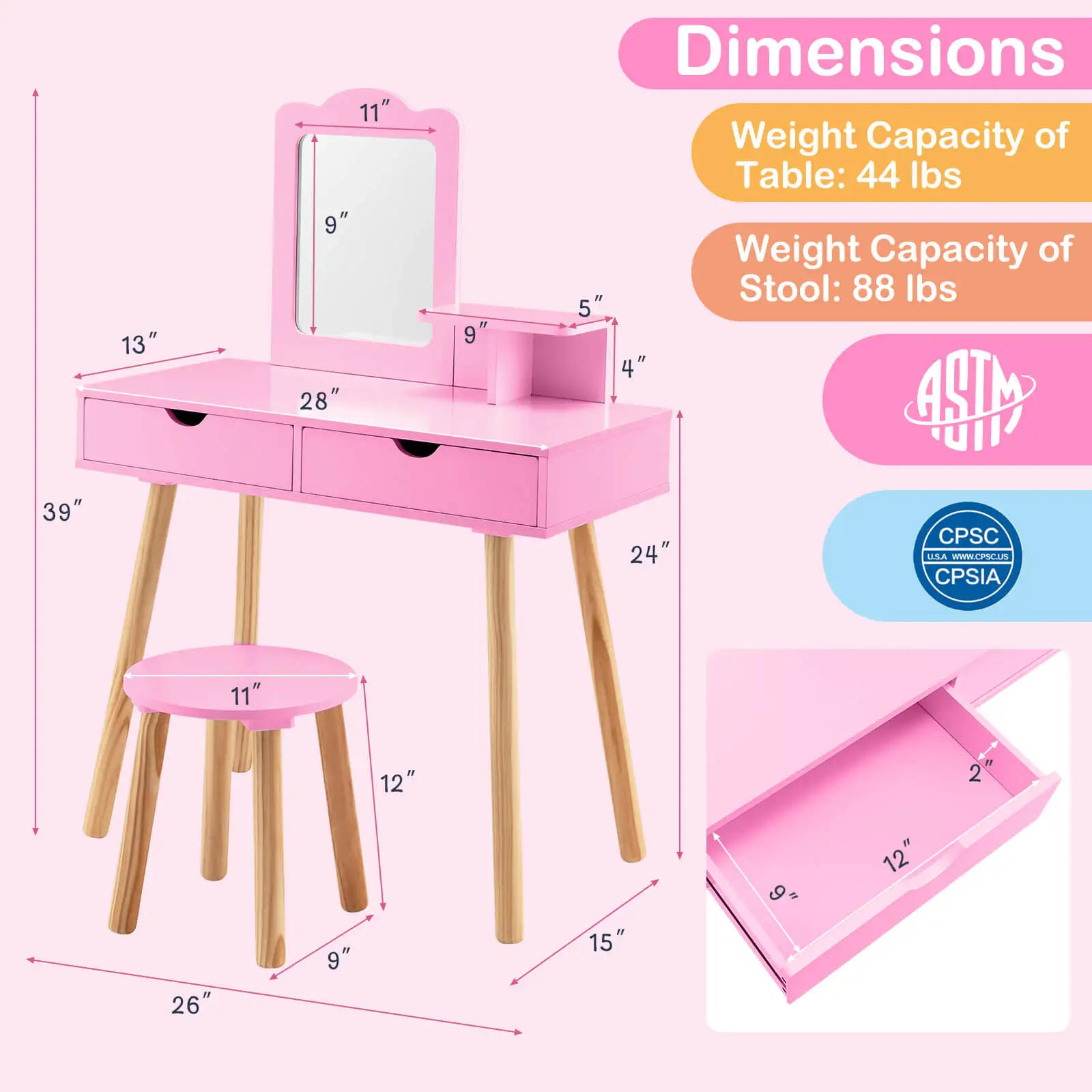 Kid Vanity Table Chair Set with Mirror Large Storage Drawers Wooden Legs Pink