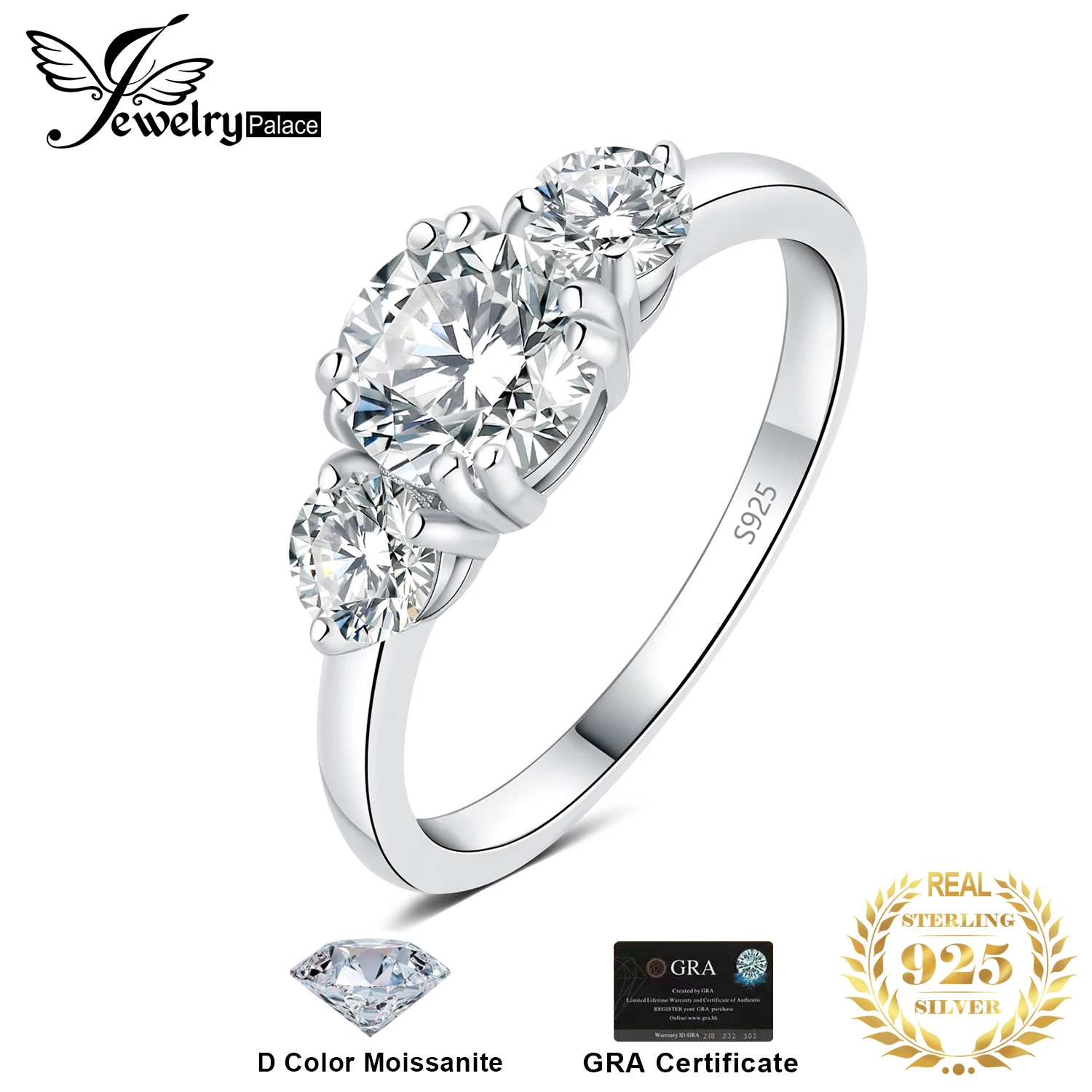 JewelryPalace Moissanite D Color 1.4ct 925 Sterling Silver 3 Stone Wedding Engagement Ring for Woman Yellow Rose Gold Plated