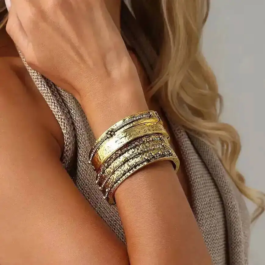 KunJoe 3 Pcs Vintage Irregular Pitted Surface Inlaid Diamond Cuff Bracelet Women Simple Stack Wristwear Bangle Jewelry Accessory