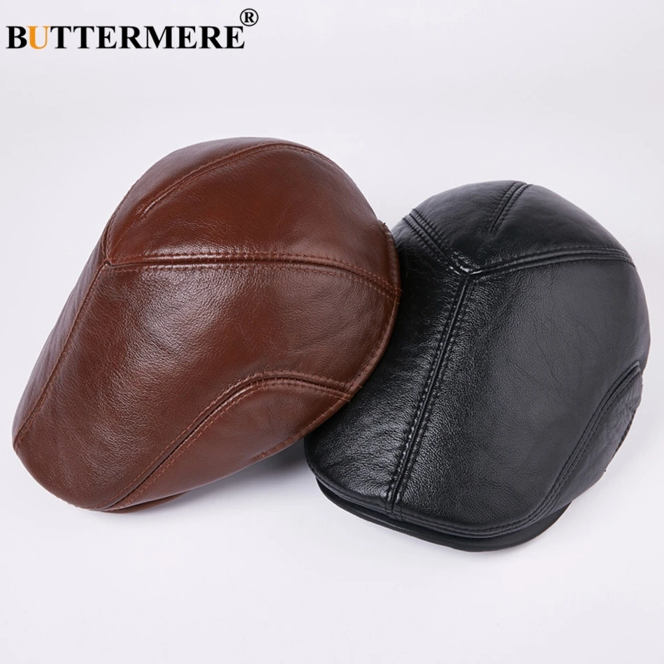 BUTTERMERE Genuine Leather Flat Caps Berets Men Brown Duckbill Hat Cowskin Male Real Leather Autumn Winter Cabbie Driving Caps