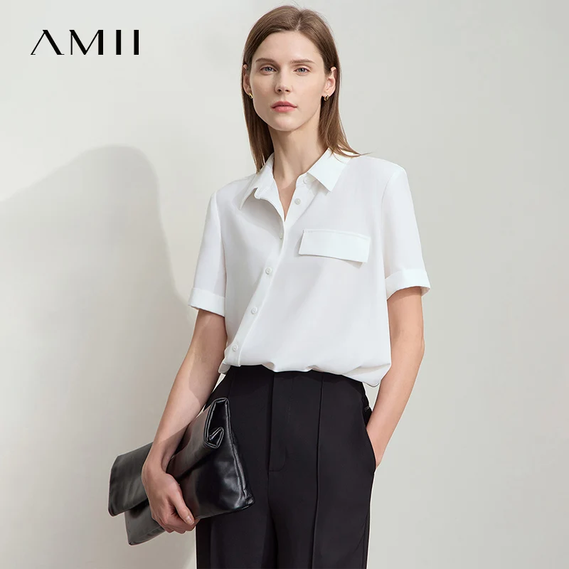 

AMII Minimalist Office Lady Blouses Women 2025 Solid Short Sleeve Summer Asymmetrical Turn-down Collar Chiffon Shirts 12542219