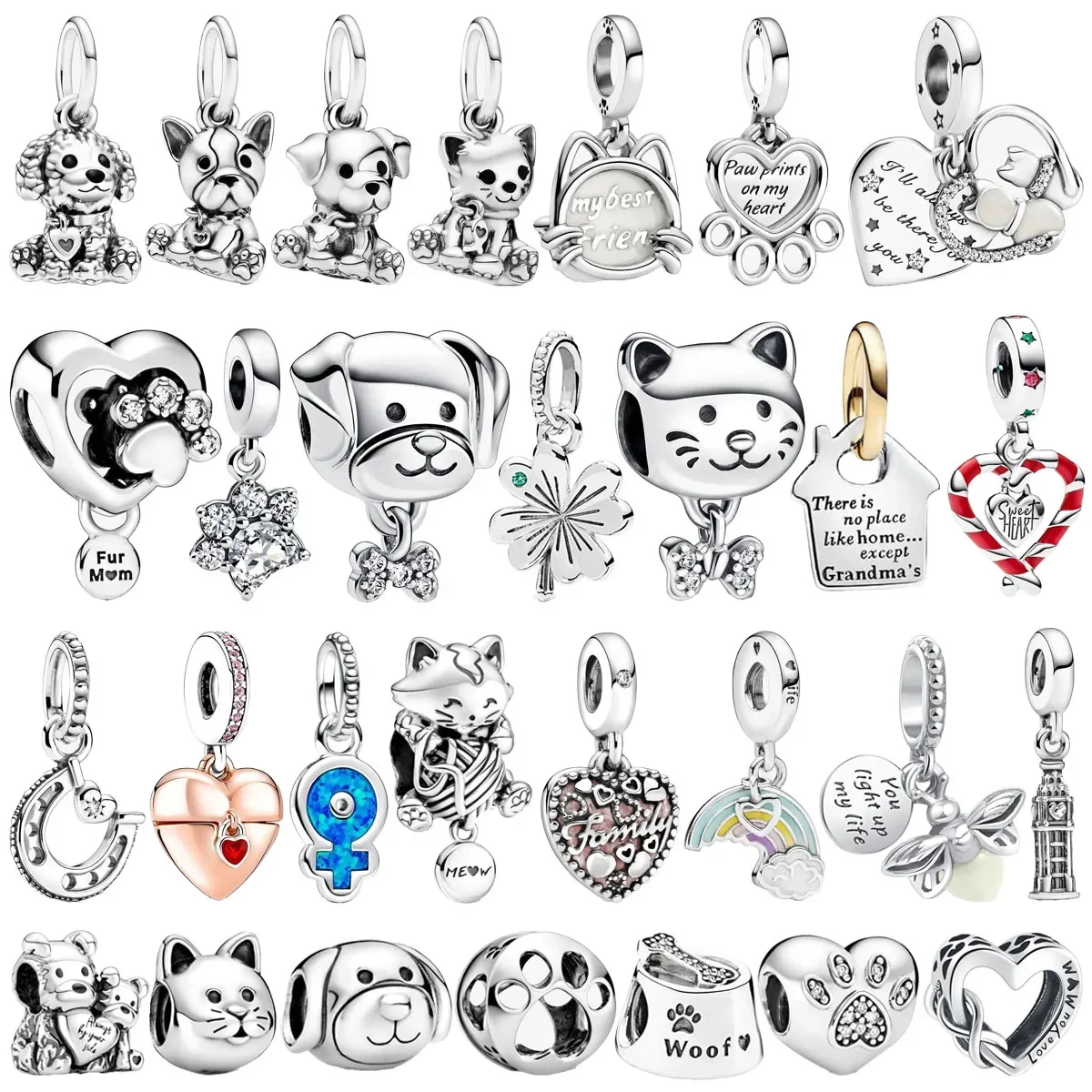 

Original 925 Sterling Silver Bulldog Dog Cat Paw Bees Butterflies Charms Beads for Pandora DIY Bracelet Women Jewellery Gift