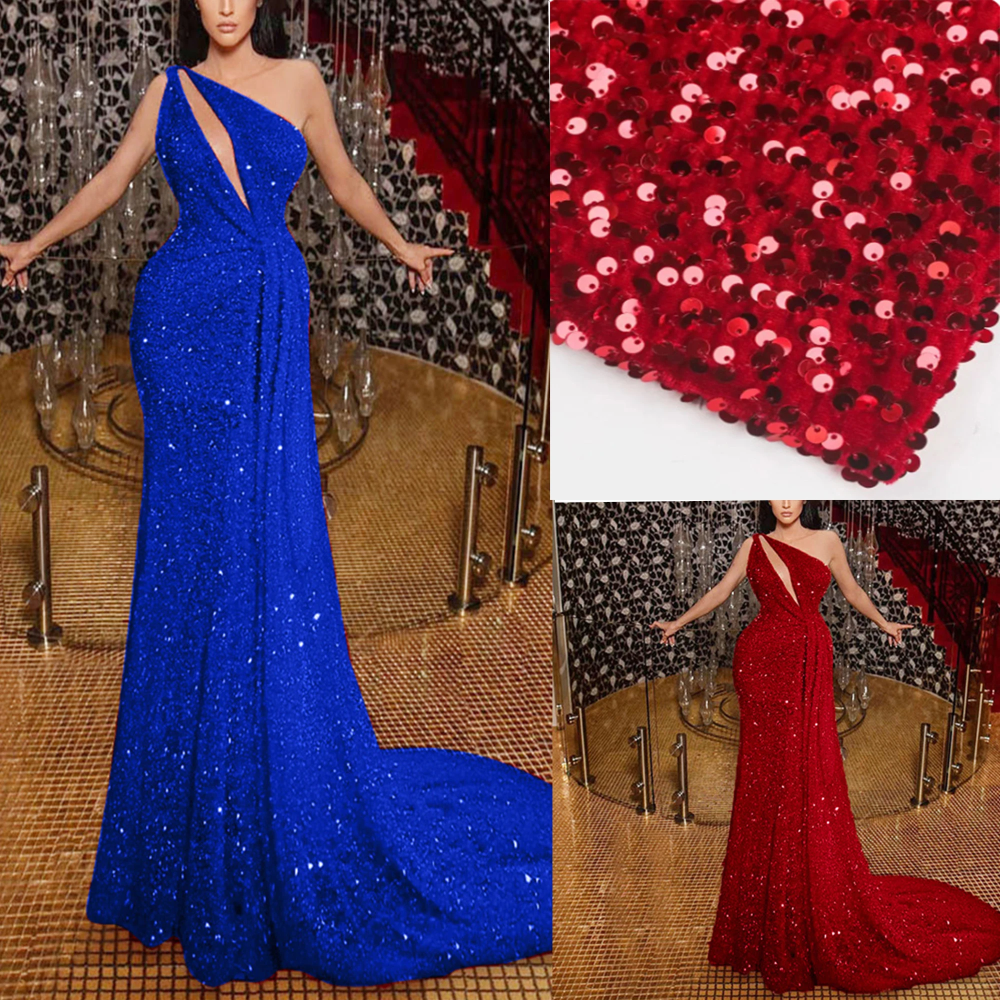 

Sexy cut-out trailing stretch sequins formal party dress one shoulder sleeveless floor tight evening dress evening treasure