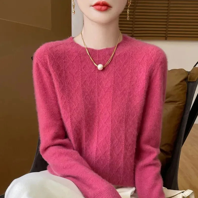 

Autumn Winter Women Clothing O-Neck Pullover 100% Merino Wool Sweater New Fashion Cashmere Tops Bottoming Long Sleeve Knitwear