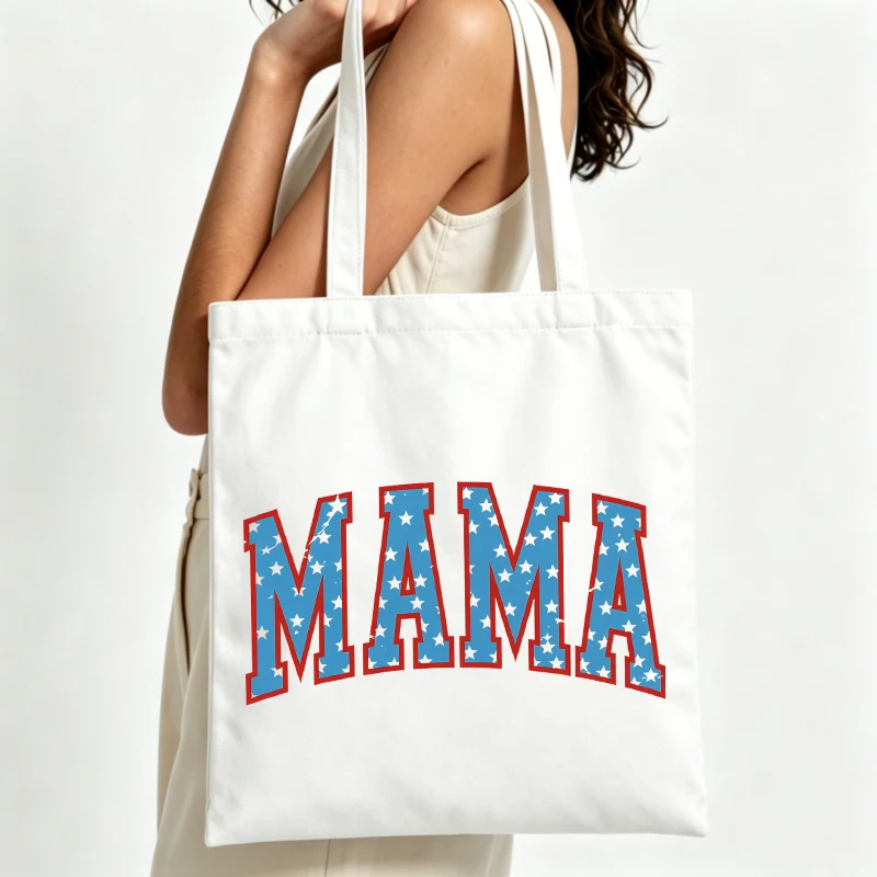 star-patterned letter print canvas tote bag, casual style for daily shopping and summer outings