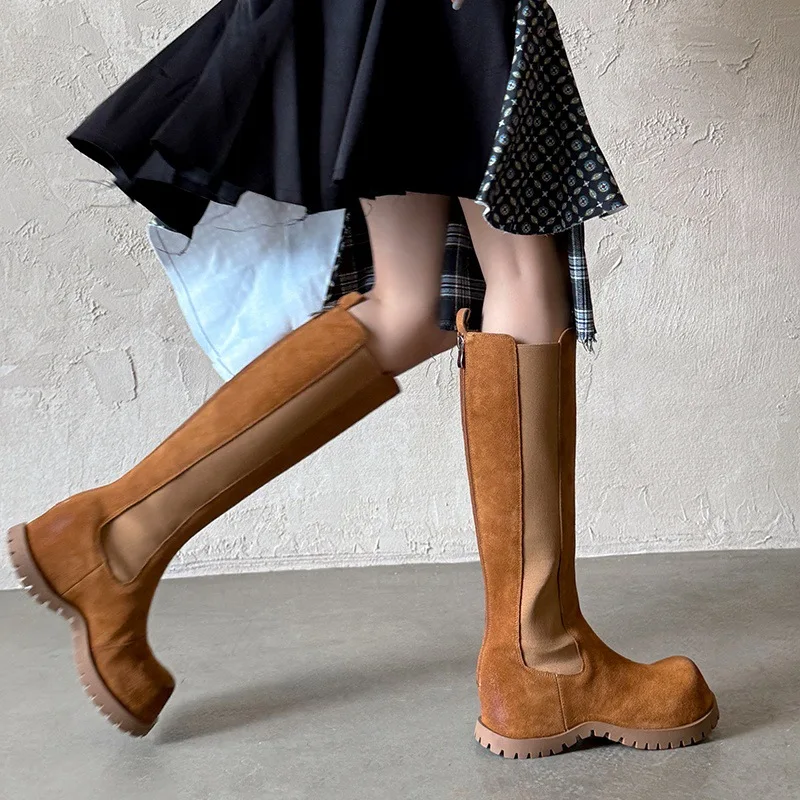 

Autumn Cow suede Increased Internal Chimney boots Round toe slip-on High-heeled Knee high boots Back zipper Boots