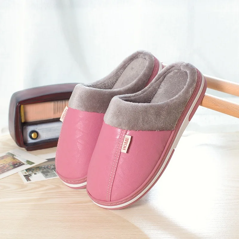 Men Slippers Indoor PU Leather Women Winter Waterproof Warm Home Fur Slipper Male Couple Shoes Fluffy Big Size House Slide Shoes