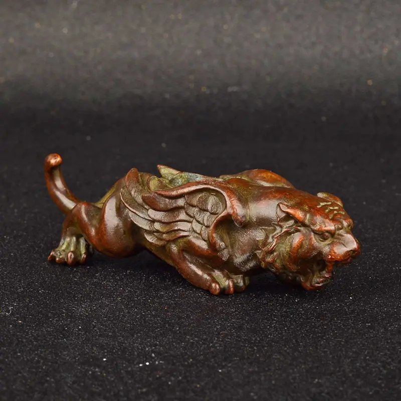 Pure Copper Winged Tiger Statue Chinese Feng Shui Guardian Beast Figurine Antique Bronze Desktop Ornament Protection
