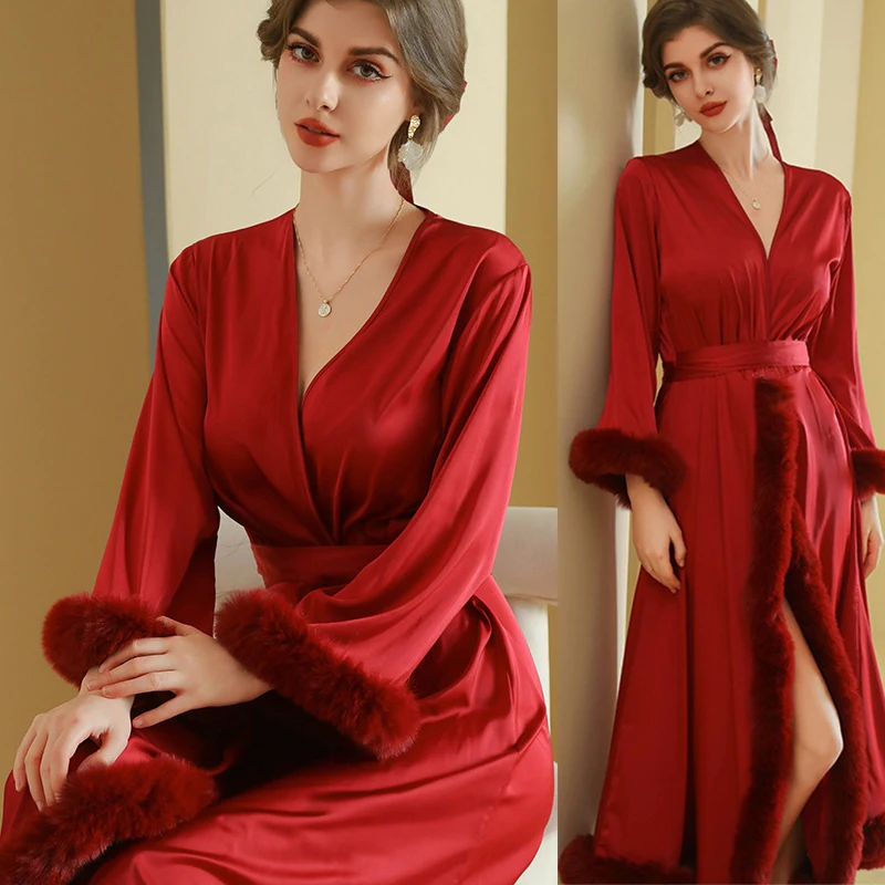 Burgundy Wedding Robe Bride Moring Gown Lady Elegant Feather Trim Kimono Bathrobe Intimate Lingerie Satin Nightwear Sleepwear