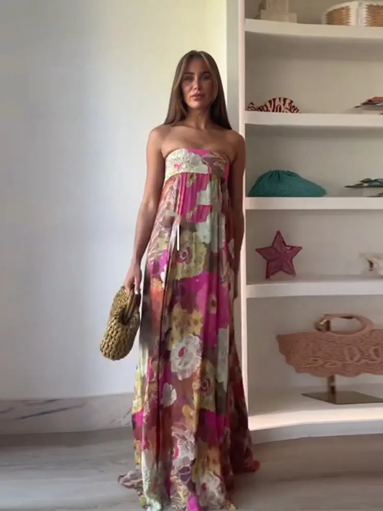 Röhrenoberteile, bedruckt, langes Damenkleid, rückenfrei, Falten, A-Linie, großer Saum, Robe 2025, Sommer, elegante weibliche Party, Urlaub, lange Kleider