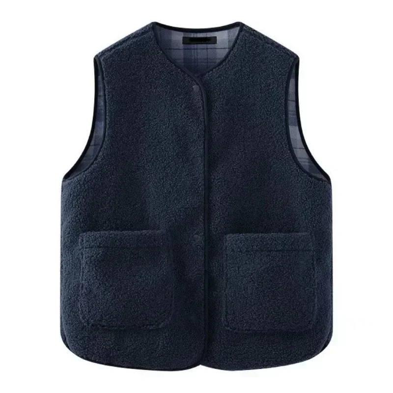 2024 New Spring and Autumn Winter Grid Pattern Two Sided Granular Fleece Vest Fashion Round Neck Clip Imitation Lamb Wool Vest