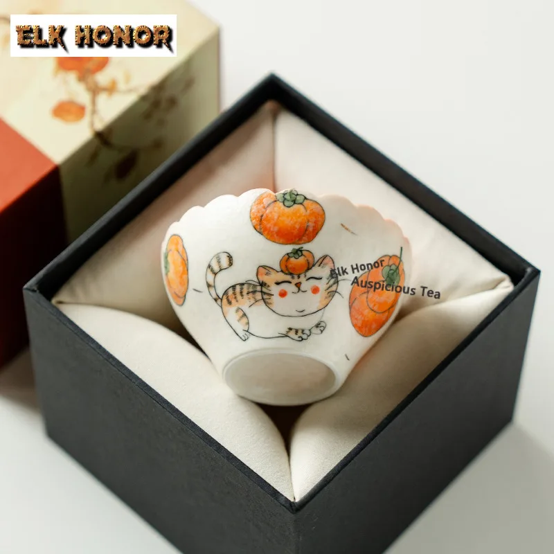 

90ml Hand-painted Persimmons Teacup Luxury Tea Bowl Tea Cup Set Tea-tasting Personal Cup Jianzhan Master Cups Chinese Tea Set