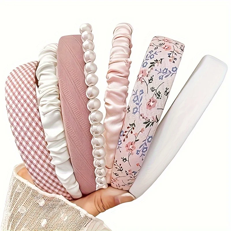 7 Stirnbänder für Frauen und Mädchen, 7 Stück rutschfeste, mit Blumen gepolsterte Stirnbänder, süßes Perlen-Stirnband für Mädchen, Vintage-breites Stirnband – Detail 5