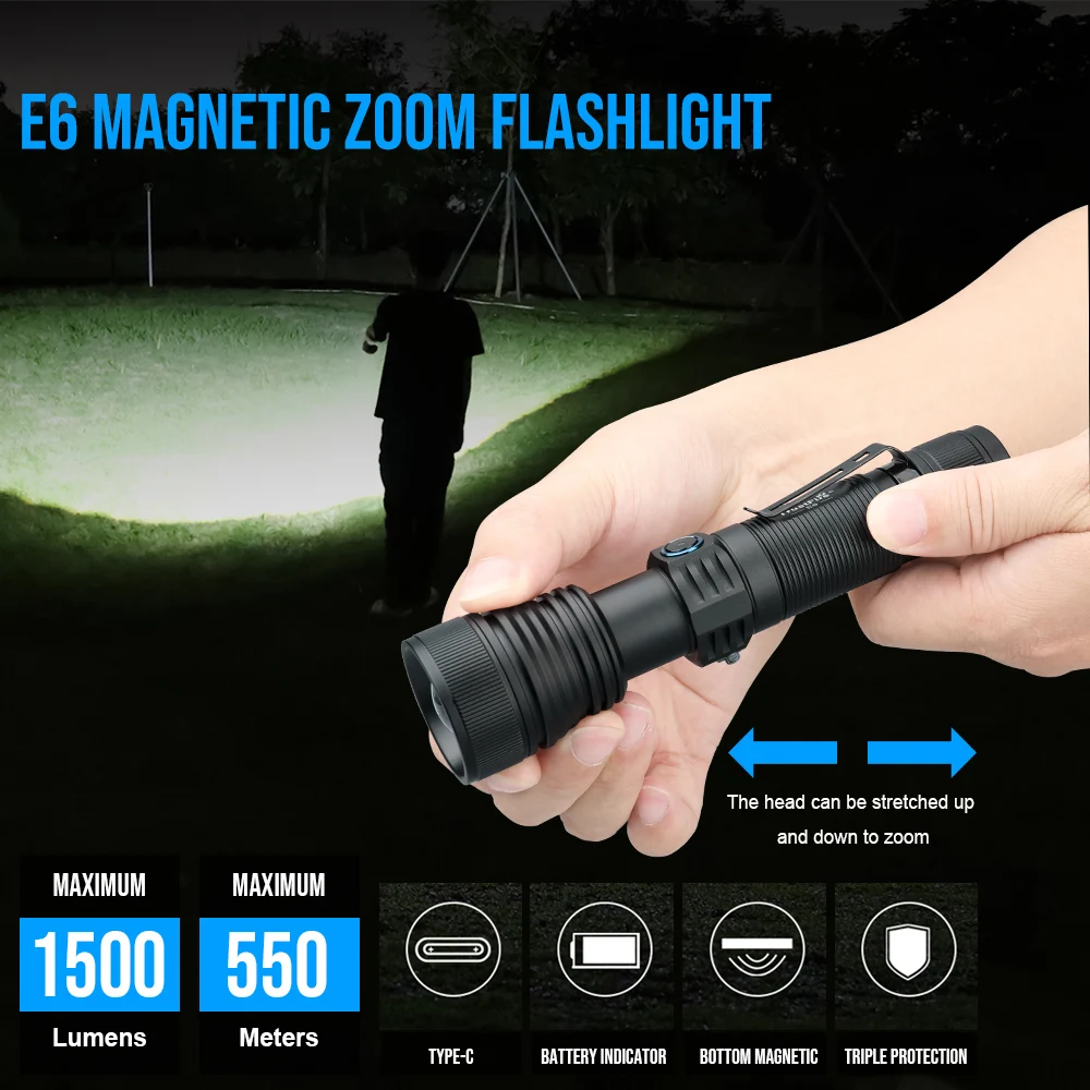 Trustfire E6 Zoomable LED Flashlight 1500Lumens 550M Long Range Rechargeable Torch Potable Light with Power Bank Function Magnet