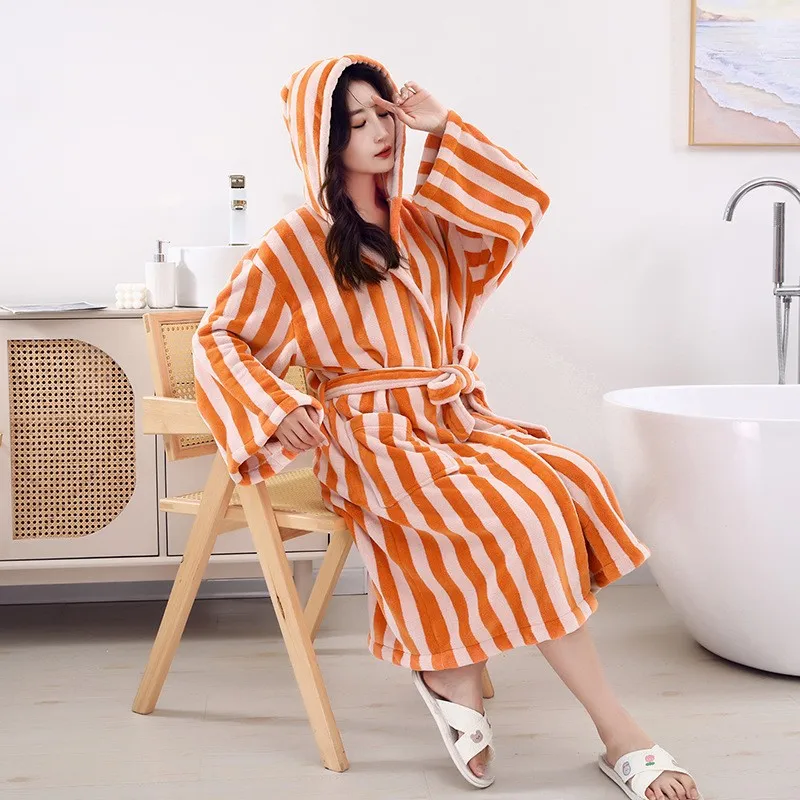 Thick Flannel Women Robe Sleepwear Stripe Coral Fleece Long Sleeve Bathrobe Home Clothes Autumn Winter Warm Loose Lounge Wear