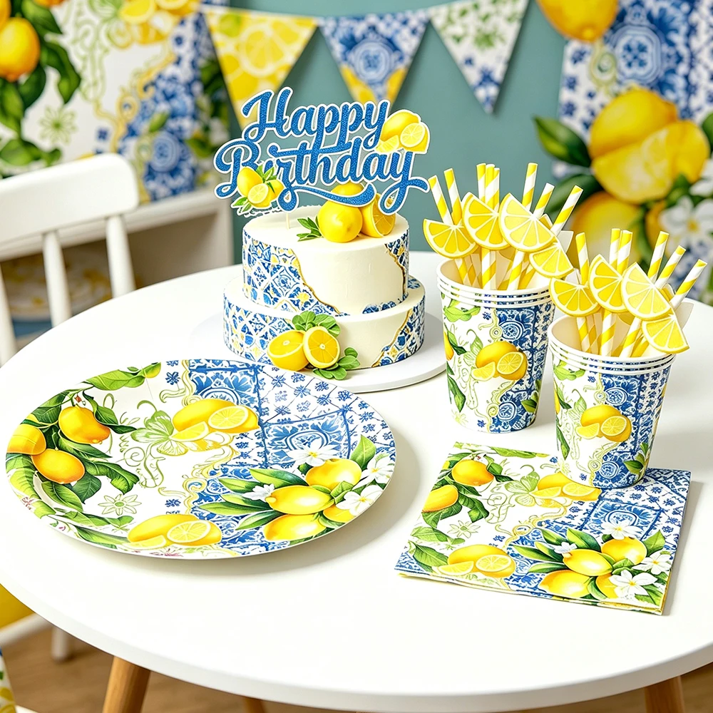 Zitronen-Thema, Einweggeschirr, Pappteller, Tassen, Servietten, Tischdecke, Banner, Sommer, Obst, Geburtstag, Party, Dekoration, Zubehör – Detail 3