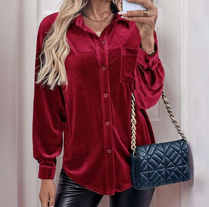 Women's Shirt 2024 Winter Fashion New Long Sleeved Velvet Cardigan Top with Lapel Shirt Simple Casual Retro Elegant Shirt